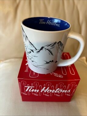 Tim Hortons White Ceramic Mug with Blue Interior and Mountain Design